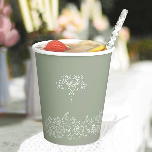 Monogrammed sage green white fleur de lis wedding paper cups (Creator Uploaded)