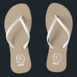 Monogrammed sand dollar beach wedding flip flops<br><div class="desc">Personalised beach wedding flip flops for bride and groom or guests. Elegant party favour set with custom last name or monogram and vintage sand dollar icon. Custom background and strap colour for him and her / men and women. Romantic khaki beige and white his and hers wedge sandals with stylish...</div>