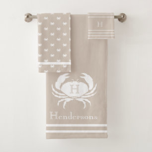 Monogrammed Sand taupe tan White Crab Nautical Bath Towel Set