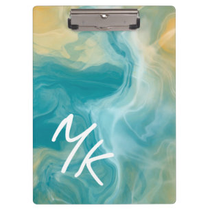 Monogrammed Sandy Brown Ocean Blue Fluid Art Clipboard