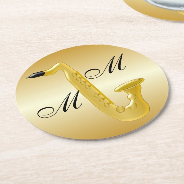 Monogrammed Saxophone Gold Coloured Round Paper Coaster (Angled)
