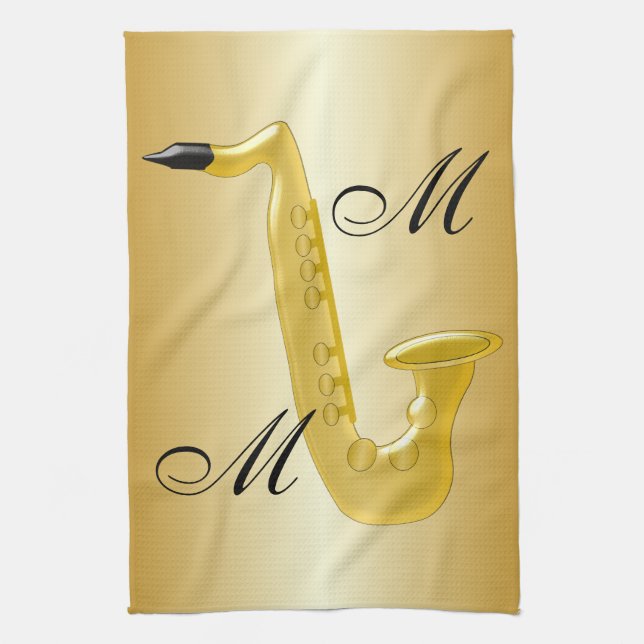 Monogrammed Saxophone Gold Coloured Tea Towel (Vertical)