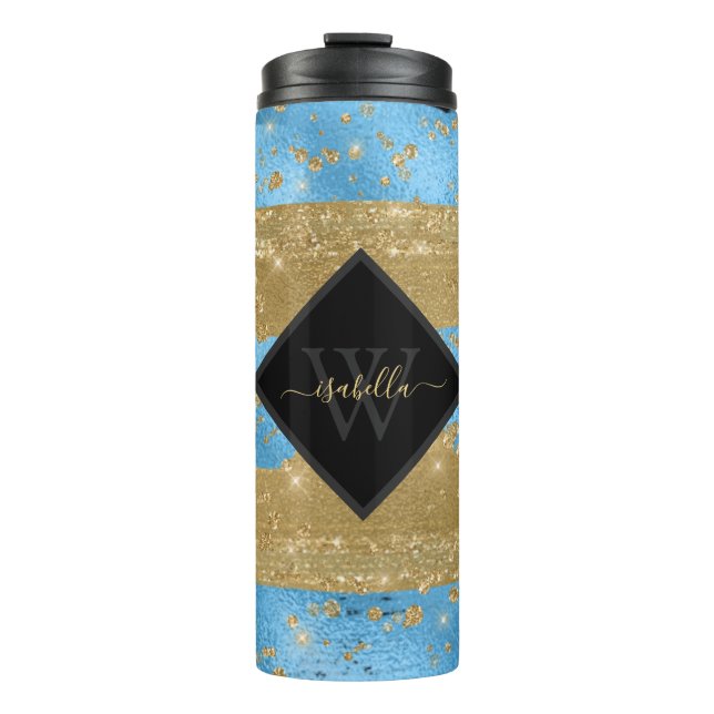 Monogrammed Script Blue Gold Thermal Tumbler (Front)