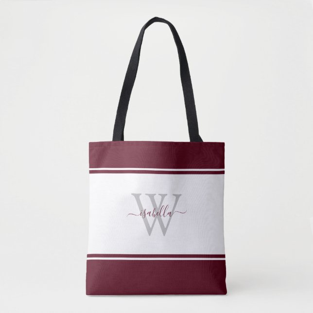 Monogrammed Script Initial Burgundy Tote Bag (Front)