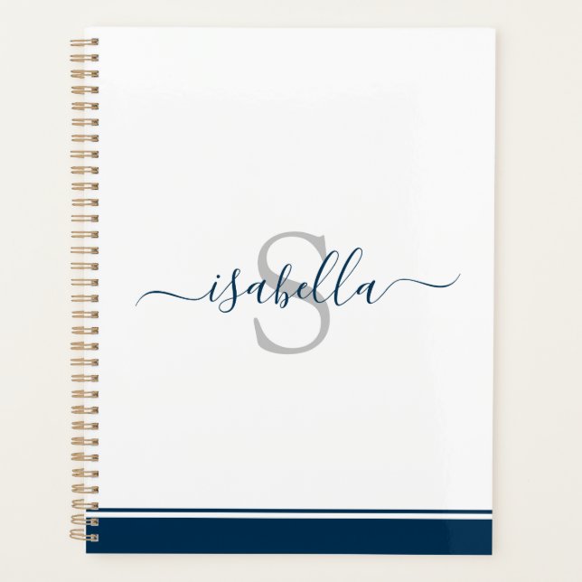 Monogrammed Script Modern Elegant Navy Blue Planner (Front)