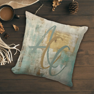 Monogrammed Script Modern Teal Abstract Fall Cushion