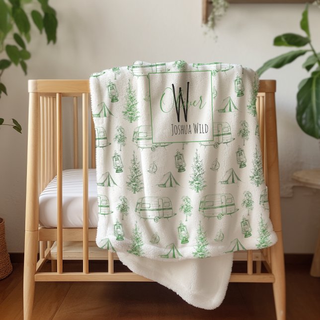 Monogrammed Sherpa Blanket | Green Camping Woods (Creator Uploaded)