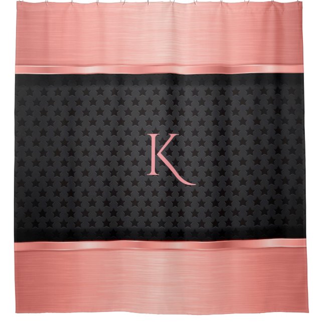 Monogrammed Shiny Rose Gold And Black Stars Shower Curtain (Front)