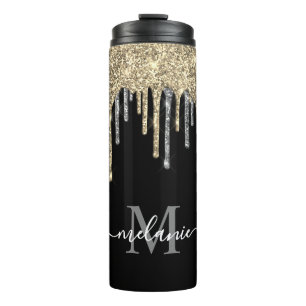 Monogrammed Silver and Gold Glitter Drip Thermal Tumbler