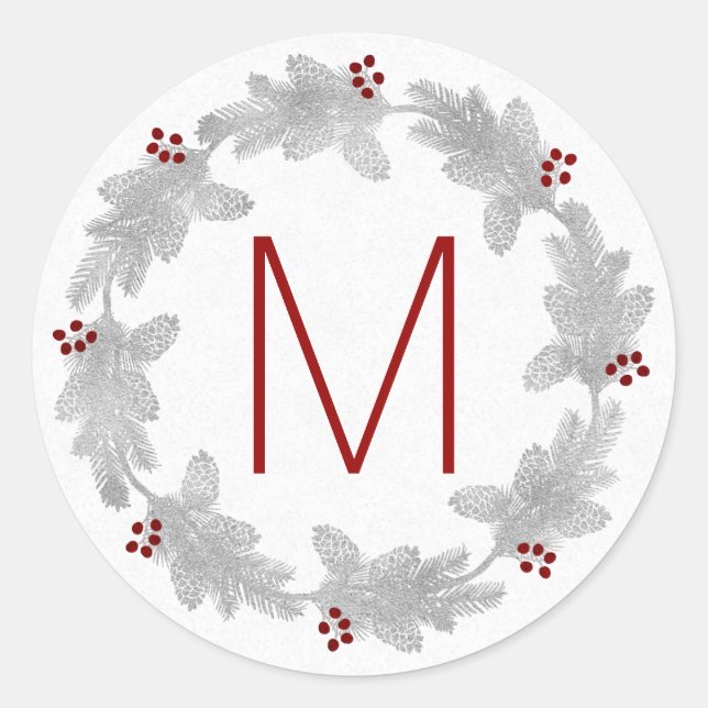 Monogrammed Silver and Red Pine Holiday Wreath Classic Round Sticker (Front)