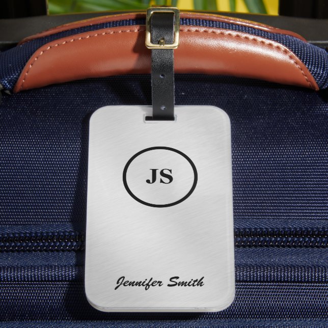 Monogrammed Silver Brushed Steel Luggage Tag (Front Insitu 2)