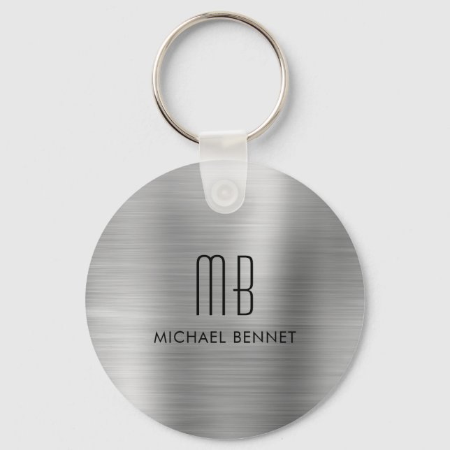 Monogrammed Silver Faux Brushed Metal Key Ring (Front)