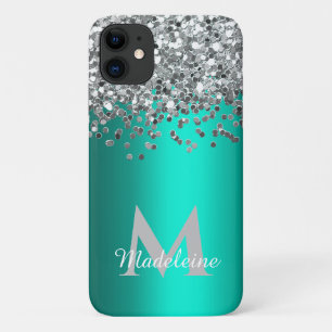 Monogrammed Silver Glitter and Teal Case-Mate iPhone Case