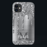 Monogrammed Silver Grey Glitter Drips Gold Metal Case-Mate iPhone Case<br><div class="desc">Modern,  girly silver grey glitter drips name and monogrammed iphone case. This design features silver grey glitter sparkle drips on grey brushed metal background with custom personalised monogram initial and first name text template. Perfect feminine gift. If you need help or matching items,  please contact to me.</div>