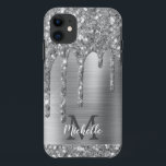 Monogrammed Silver Grey Glitter Drips Gold Metal Case-Mate iPhone Case<br><div class="desc">Modern,  girly silver grey glitter drips name and monogrammed iphone case. This design features silver grey glitter sparkle drips on grey brushed metal background with custom personalised monogram initial and first name text template. Perfect feminine gift. If you need help or matching items,  please contact to me.</div>