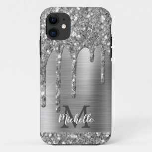 Monogrammed Silver Grey Glitter Drips Gold Metal Case-Mate iPhone Case