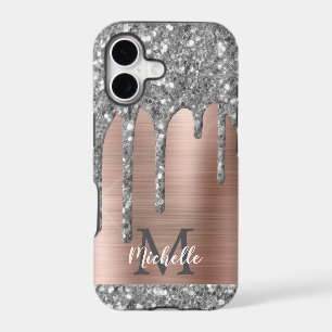 Monogrammed Silver Grey Glitter Drips Pink Metal