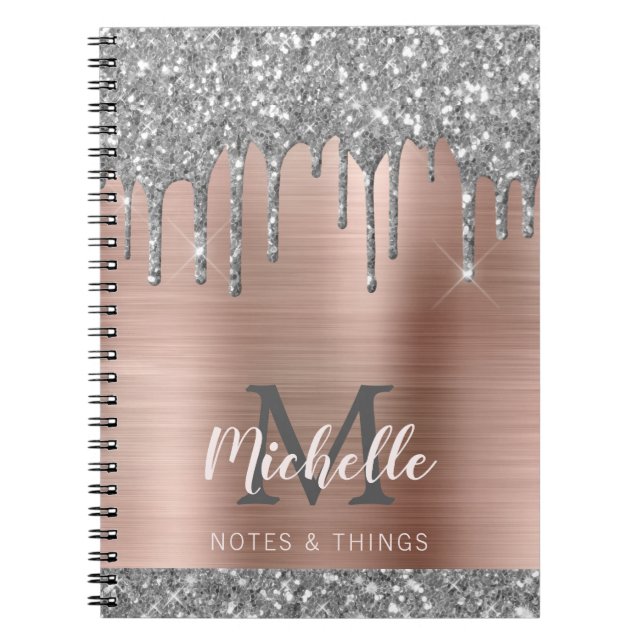 Monogrammed Silver Grey Glitter Drips Pink Metal Notebook (Front)