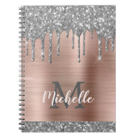 Monogrammed Silver Grey Glitter Drips Pink Metal