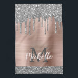 Monogrammed Silver Grey Glitter Drips Pink Metal Tea Towel<br><div class="desc">Modern, girly silver glitter drips name and monogrammed kitchen towel. This design features silver grey (grey) glitter sparkle drips on pink brushed metal background with custom personalised monogram initial and first name text template. Perfect feminine gift. Please note, this design is printed photo effect. If you need help or matching...</div>