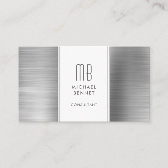Monogrammed Silver Grey Metallic Foil Consultant Business Card (Front)