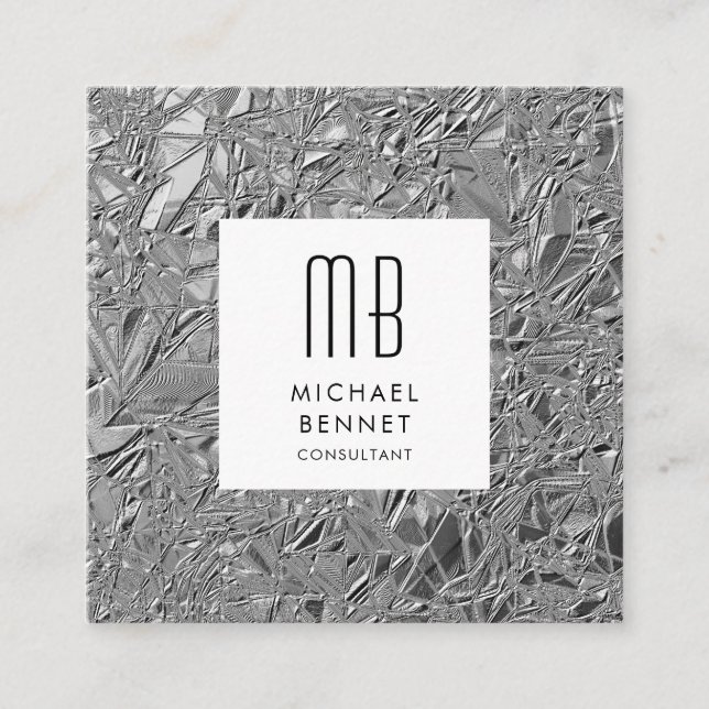 Monogrammed Silver Metallic Square Business Card (Front)