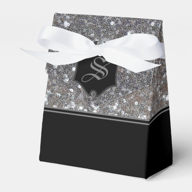 Monogrammed Silver Sparkle Faux Glitter Tent Favour Box (Front Side)
