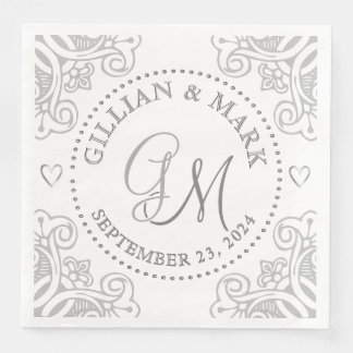 Monogrammed Silver Wedding Napkins Heart Border