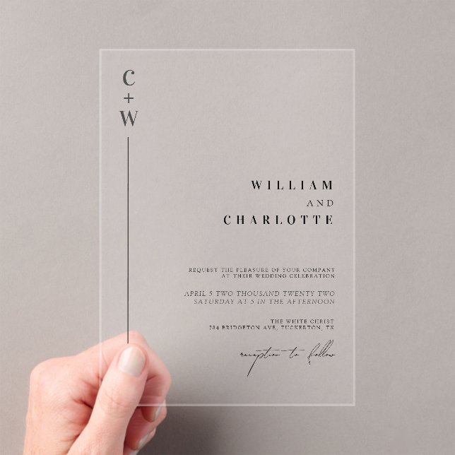 Monogrammed Simple Minimalist Wedding Acrylic Invitations (Insitu (Handheld))