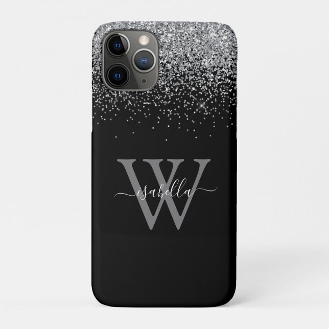 Monogrammed Sliver Black Glitter Elegant Script Case-Mate iPhone Case (Back)
