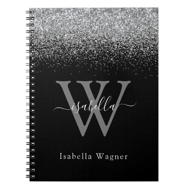 Monogrammed Sliver Black Glitter Elegant Script Notebook (Front)