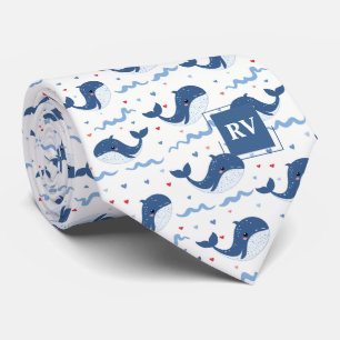 Monogrammed Smiling Whales & Waves Tie