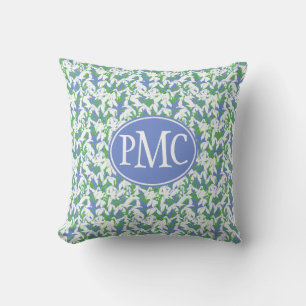 Monogrammed Snowdrops Pattern on Blue Cushion