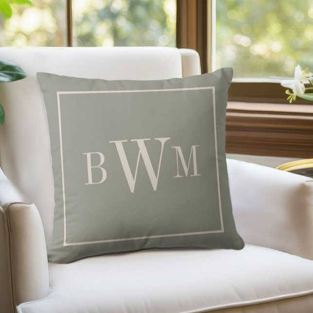 Monogrammed Soft Evergreen & Off White Decorative Cushion (Monogrammed Soft Evergreen & Off White Decorative Throw Pillow)