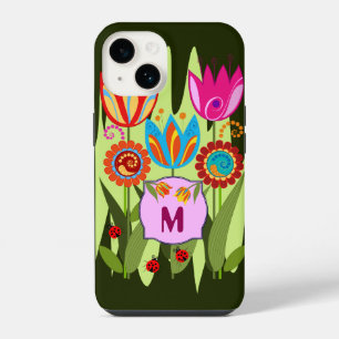 Monogrammed Spring with tulips iPhone 14 Case