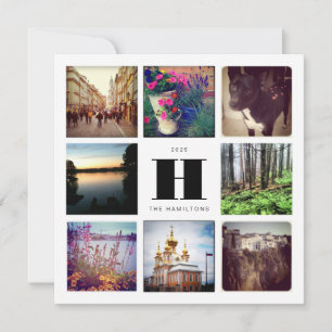 Monogrammed Square Eight Photo Instagram Collage Holiday Card