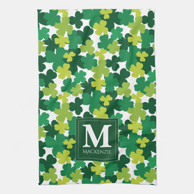 Monogrammed St. Patrick's Day Shamrocks Tea Towel (Vertical)