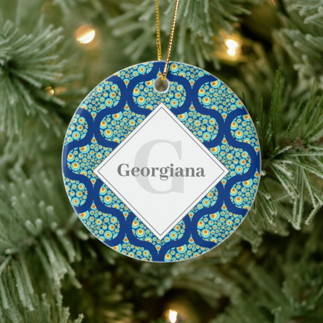 Monogrammed Starry Night On Sea Doodle Ogee Ceramic Tree Decoration (Tree)