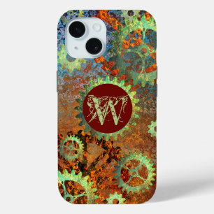 Monogrammed Steampunk Industrial Rusty Cogwheel iPhone 15 Case