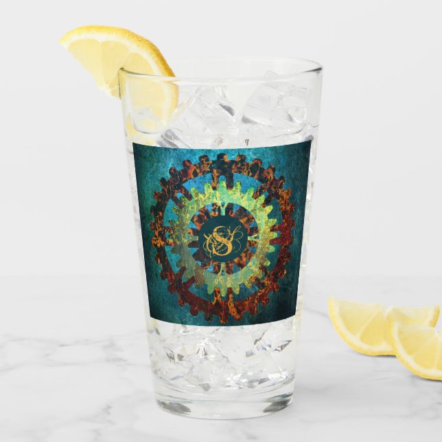 Monogrammed Steampunk Verdigris Rusty Cogwheel Glass (Front Ice)