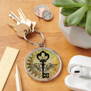 Monogrammed Steampunk Winged Key Rusty Cogwheel Key Ring