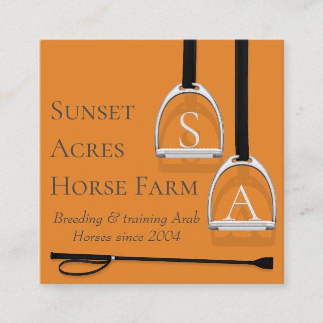 Monogrammed Stirrup Irons Orange Equestrian Square Square Business Card (Front)