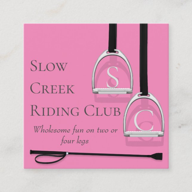 Monogrammed Stirrup Irons Pink Equestrian Square Business Card (Front)