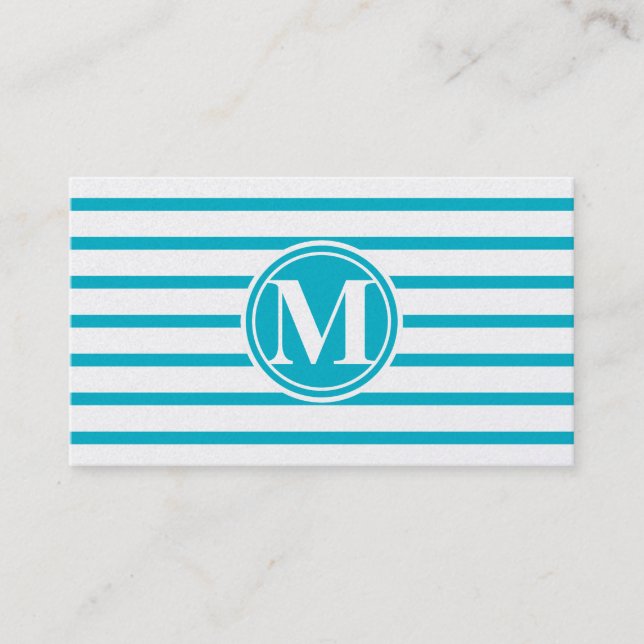 Monogrammed Stripes Pattern Scuba Blue Business Card (Front)