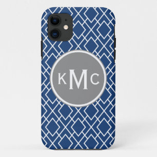 Monogrammed Stylish Navy Blue Diamond Pattern Case-Mate iPhone Case