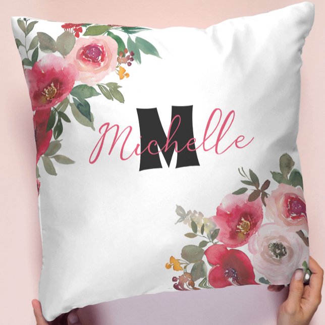 Monogrammed Stylish red and pink blooming flower Cushion (Creator Uploaded)