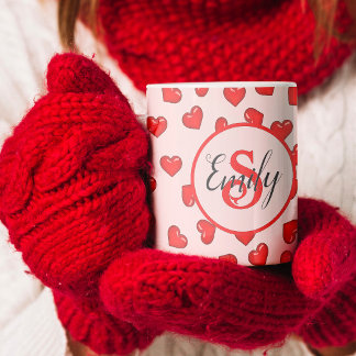 monogrammed stylish Red heart pattern on pink Coffee Mug