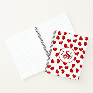 monogrammed stylish Red heart pattern on white Notebook