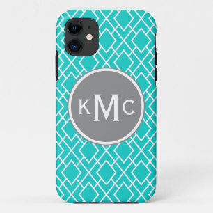 Monogrammed Stylish Teal Blue Diamond Pattern Case-Mate iPhone Case