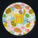 Monogrammed Summer Fruit Pattern Paper Plate<br><div class="desc">Your monogram initial is featured on these paper plates featuring a modern fruit pattern of pineapples,  pears,  oranges,  cherries,  papaya,  grapes,  kiwis and peaches. MATCHING items in our collection.</div>